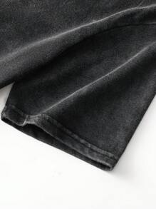 Camiseta lavada de cuello redondo y manga corta con estampado de letras para hombre en verano - Negro - Ver 5