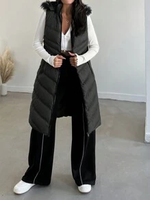EURMUSE Slant Pockets Fuzzy Trim Hooded Puffer Vest Coat - Black - View 3