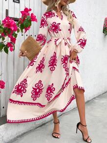 SHEIN Clasi Vestido largo a línea para mujer con estampado de moda y cintura ajustada - Rosa Fucsia - Ver 6