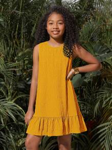 SHEIN Vestido sin mangas de unicolor tejido para niña preadolescente para vacaciones de primavera/verano con bajo de volantes y escote redondo