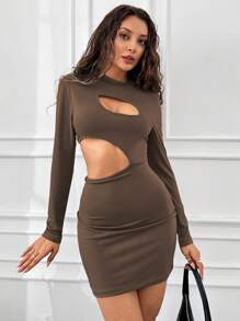 EURMUSE Ausgehöhltes, Figurbetontes Damen Kleid Mit Mehreren Ausschnitten - Beige - Übersicht 4