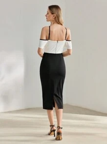 MOTF PREMIUM TWO TONE RUFFLE TRIM COLD SHOULDER LACE DETAIL SLIM FIT COCKTAIL DRESS - Black and White - View 7