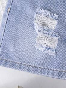 SHEIN Baby Boys Elastic Waist Distressed Solid Color Denim Shorts For Summer - Light Wash - View 5