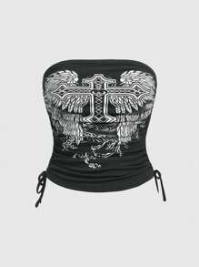 ROMWE Grunge Punk Plus Size Women's Cross Printed Drawstring Ruched Bandeau Top, School - Grey - View 1