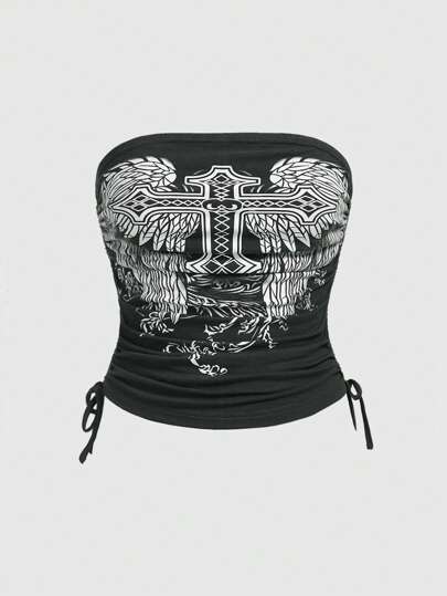 Grunge Punk Top bandeau con estampado cruzado, cordón ajustable y drapeado para mujer talla grande, escolar