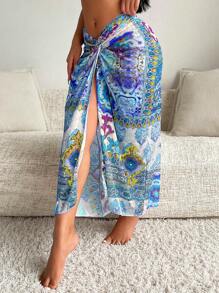 SHEIN Swim 随机印花扭结设计罩衫裙夏季 - 彩色 - 查看 3