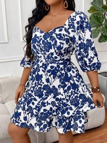 SHEIN VCAY Robe grande taille à manches de lanterne avec encolure ras-du-cou, parfaite pour les vacances