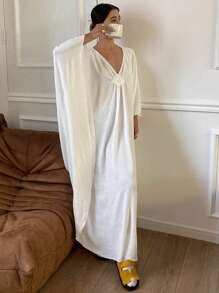 Livesso Vintage V-Neck Home Wear Dress With Design Element, Moo Moo Lounge Dress, Fall Pajama