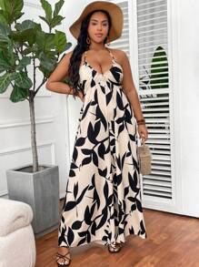 SHEIN CURVE+ Plus Size Green Leaf Print Halter Neck Tied Jumpsuit, Beach Resort Casual Boho Vacation