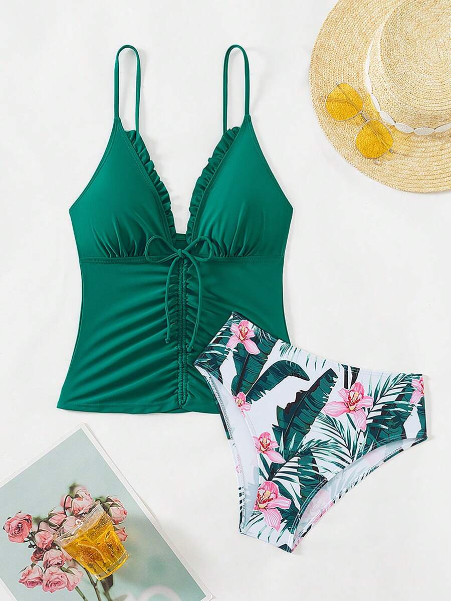 SHEIN Swim 夏季女士时尚纯色吊带背心比基尼，随机印花 - 彩色 - 查看 1