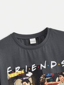 FRIENDS X SHEIN 男士字元印花短袖T恤，夏季休閒 - 黑色 - 查看 4