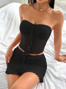 SHEIN EZwear 夏季性感網紗無肩帶上衣和褶皺迷你裙套裝