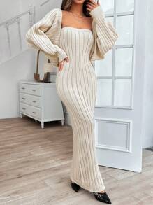 SHEIN Women Sweater Cardigan With Strapless Tube Knit Long Dress