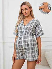 SHEIN 孕婦休閒和辦公室年輕款V領短袖連身褲 - 灰色 - 查看 6