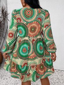 SHEIN VCAY Plus Size Retro Printed Short Dress With V-Neckline For Casual Vacation - Multicolor - View 2