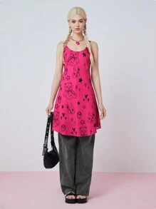 SHEINNeu Women's Y2K Cartoon Printed Spaghetti Strap Dress, Summer - Pink - View 4