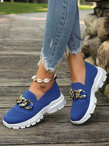 女性時尚針織網面運動鞋/大尺碼鍊條舒適學生鞋/戶外透氣運動鞋 - 藍色 - 查看 4