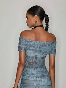 Studio Mila Sanchez 艺术家休闲网眼全身印花露肩修身女式上衣，适合夏季、假日、度假、外出、节日、伊比沙岛装扮、西方服饰 - 藍色 - 查看 4