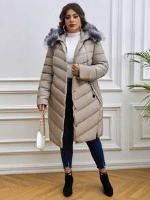 Astrid 冬季厚款休闲大码棉袄，带蓬松领子，保暖 - 米色 - 查看 6