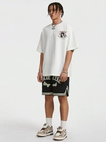 Manfinity NXTstreet Pantalones cortos casuales con cordón y estampado de letras, sencillos, para uso diario de hombres - Negro - Ver 3