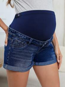SHEIN Maternity Adjustable Waist Pocketed Rolled Hem Casual Denim Shorts - Dark Wash - View 1