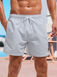 ZELFYO Men's Beach Shorts Drawstring Waist Front Tie Pocket Geometric Printed Resort Casual Hawaiian - Grey - View 5