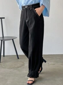 FRIFUL Women's Casual Fit Casual Wide Leg Jeans With Contrast Stitching And Pockets - Black - View 3