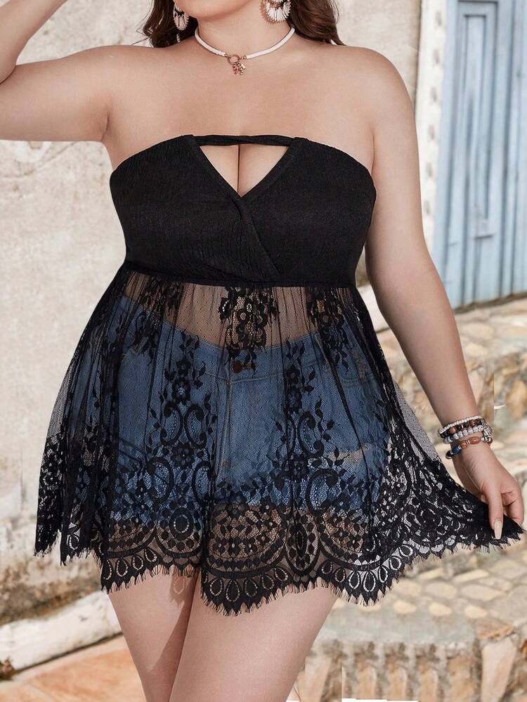 Plus Size Various Ways To Wear Knitted Contrast Lace Ruffle Hem Tube Top