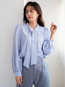 FRIFUL Women's Solid Color Tie Collar Long Sleeve Spring/Summer Shirt - Baby Blue - View 8