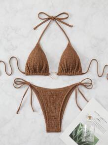 SHEIN Swim Conjunto de bikini sexy para mujer con cuello halter y lazo de unicolor para la playa en verano