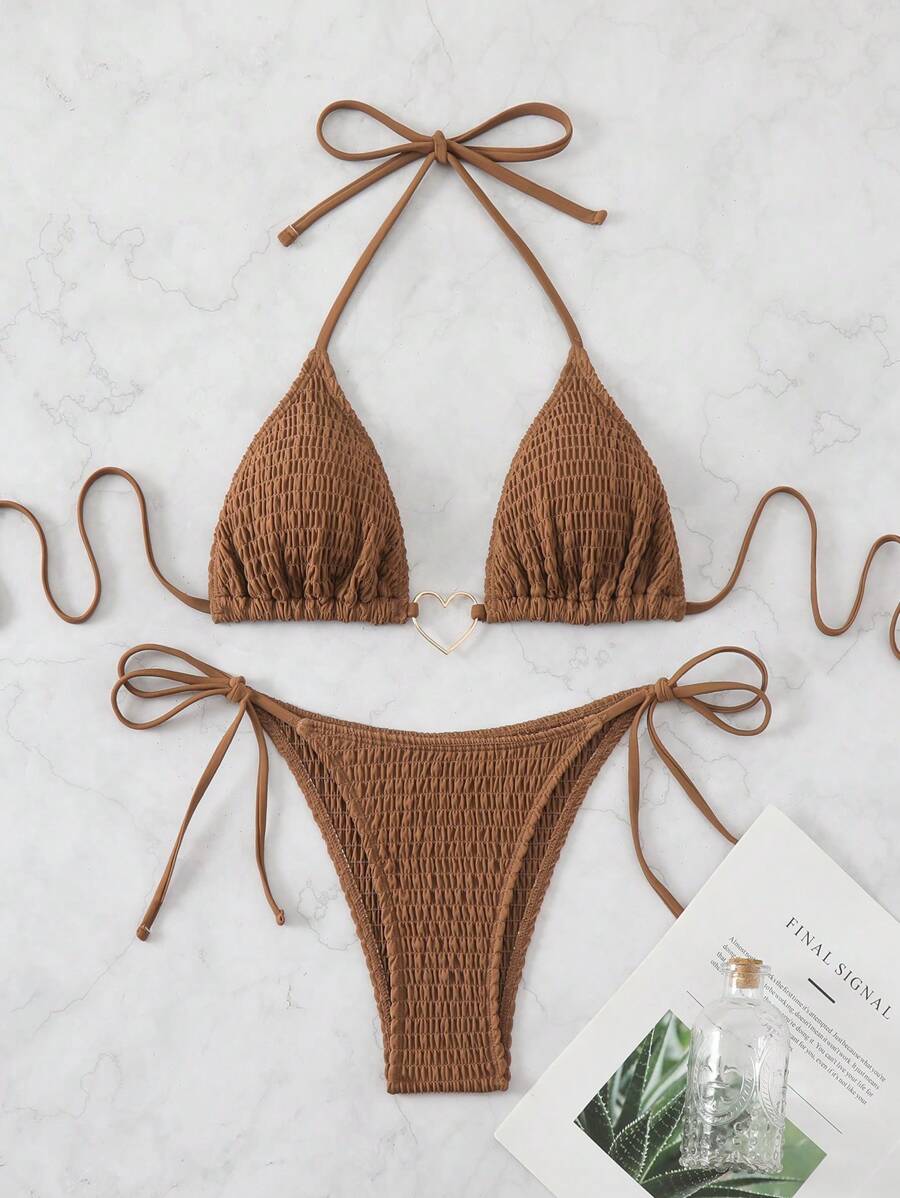 SHEIN Swim Women's Solid Color Halter Neck Tie Sexy Bikini Set For Summer Beach - Brown - View 1