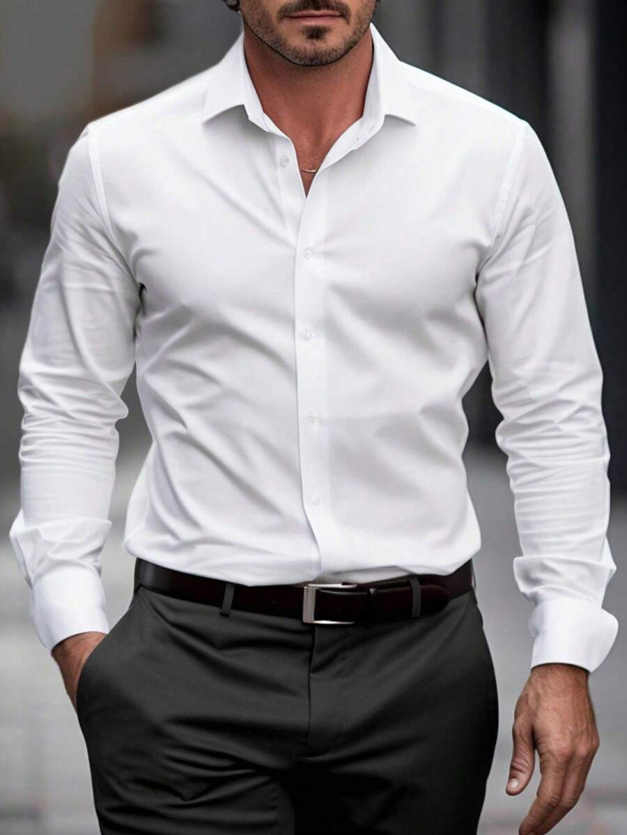 Manfinity Mode Camisa formal diaria básica de trabajo de manga larga de unicolor para hombres de talla grande, ideal para primavera/verano