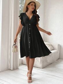Flirla Plus Size Solid Color Buttoned V-Neck Dress With Ruffle Hem
