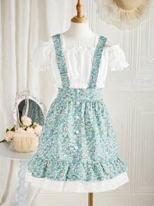 Tween Girl Solid Color Eyelet Embroidery Short Sleeve Top And Ditsy Floral Skirt Two Pieces Set - Multicolor - View 1