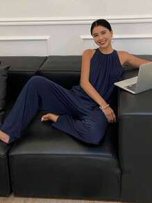 Livesso Conjunto de ropa de hogar femenina con parte superior de pliegues simples sin mangas y pantalones en un solo color