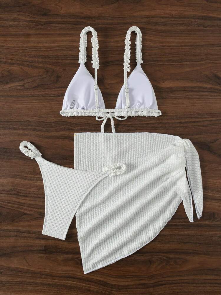 Women's Summer Beach Solid Color Frill Bandeau Bikini Set With Detachable Straps, Matched With Cover Up Skirt