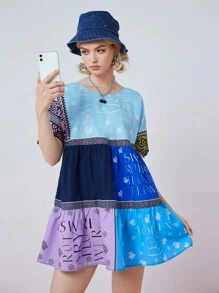 SHEINNeu 女士假日休閒印花拼接短袖連衣裙 - 彩色 - 查看 4