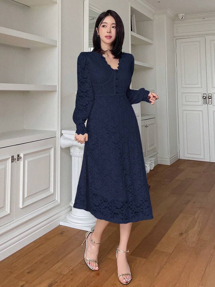 Lace Lantern Sleeve V-Neck X-Waist Long Sleeve Women's Dress,Fall Dress