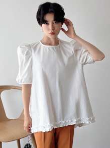 FRIFUL Women's Solid Color Round Neck Short Sleeve Frill Shirt,Ruffle - White - View 3