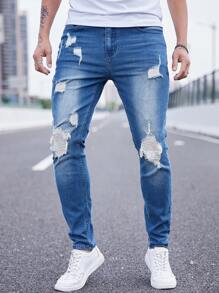 Manfinity LEGND Hombres Jeans ajustados desgarro - Azul lavado medio - Ver 3