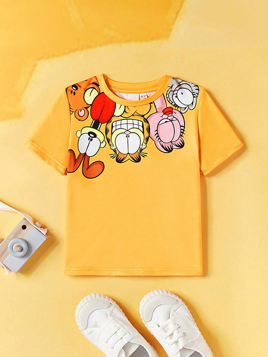 GARFIELD | SHEIN Young Girl Casual Short Sleeve T-Shirt With Fun Cartoon Print, Summer - Yellow - View 1