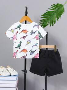 Baby Boy Summer Casual Dinosaur Printed Short Sleeve Top And Solid Color Ripped Shorts 2pcs Outfit - White - View 2