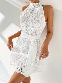 SHEIN Privé Summer Women Wedding  Elegant Holiday Romantic Date Ins Lace Belted A-Line White Mini Dress - White - View 7