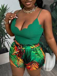 Slaydiva 夏季假期花卉背心上衣＆綠色熱帶抽象塗鴉印花寬鬆短褲大尺碼女裝2件套裝 - 彩色 - 查看 1