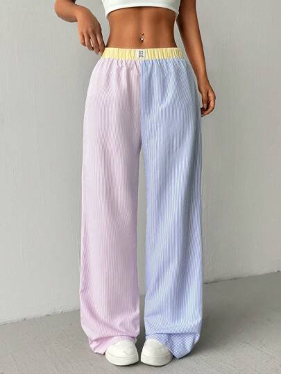 SHEIN EZwear 女士色塊條紋字母印花褶裥休閒寬腿褲