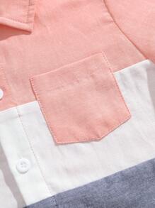 SHEIN 年輕男孩夏季舒適休閒通勤風格拼接領短袖襯衫，適合戶外活動、學校、派對、城市漫步，有3種顏色可選 - 彩色 - 查看 4
