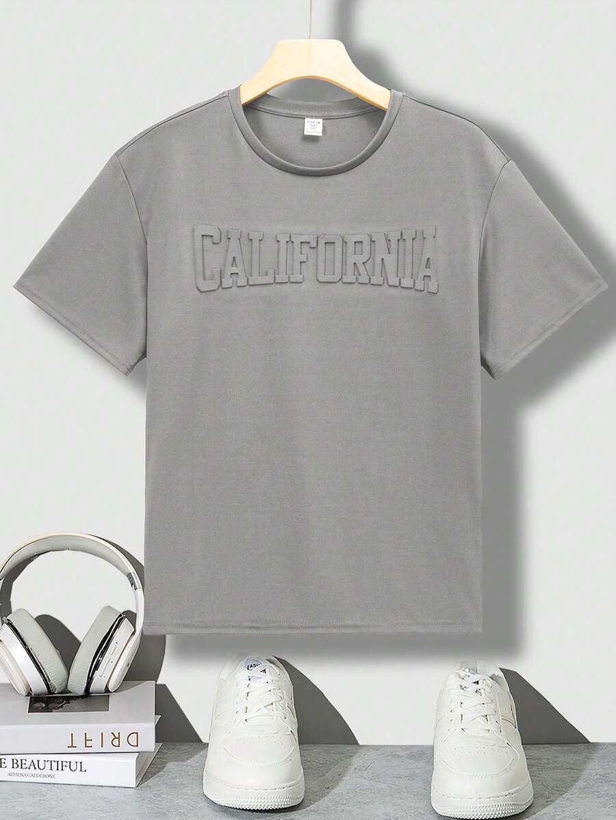 SHEIN 青少年男生3D浮雕字母印花下垂短袖休閒上衣 - 灰色 - 查看 1