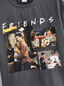 FRIENDS X SHEIN 男士字元印花短袖T恤，夏季休閒 - 黑色 - 查看 3