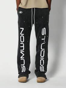 SUMWON High Performance Graphic Print Sweatpants Jogger Style Athletic Pants With Side Pockets Space Theme Loungewear Winter Autumn Casual Streetwear Comfort Fit Workout Bottom Pants - Black - View 1