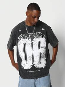SUMWON Regular Fit Short Sleeve Washed Tee With Front Number Graphic Print - Black - View 1